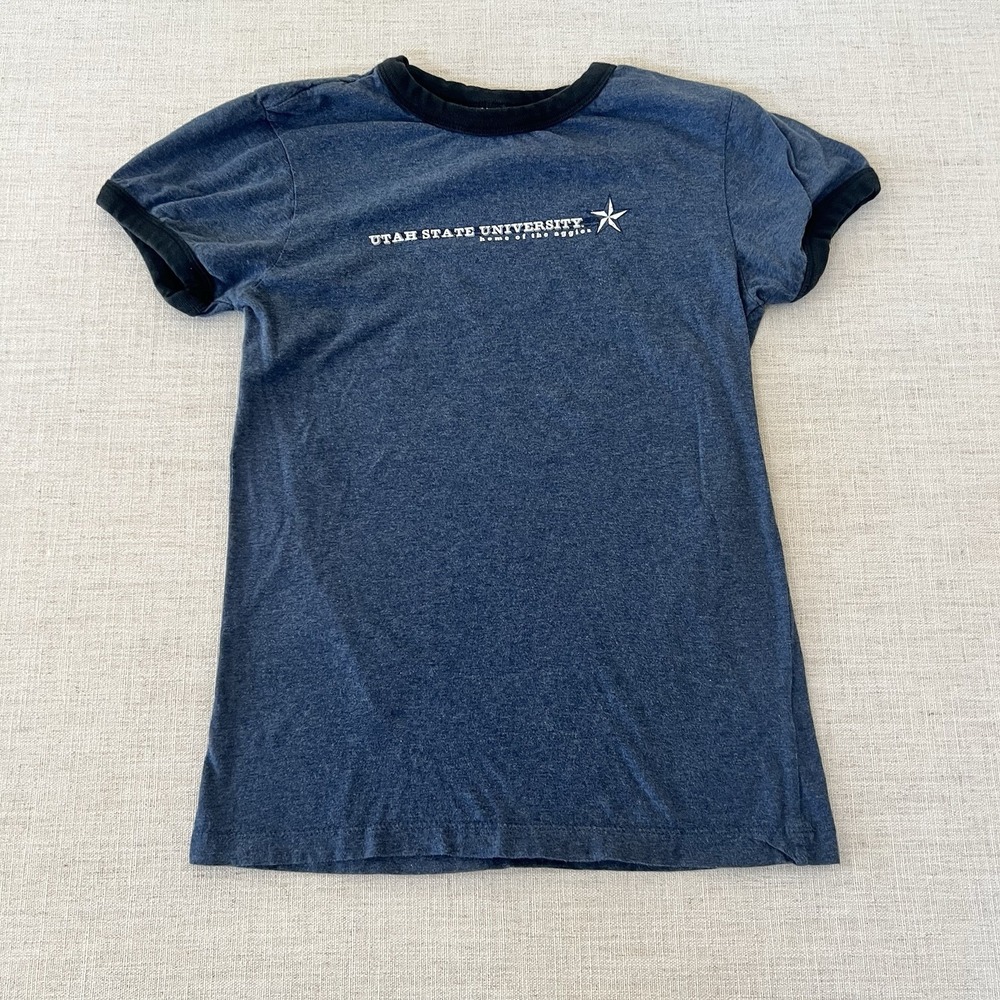 Utah State University Aggies Women's Medium Ringer T-Shirt Bull Graphic Blue
